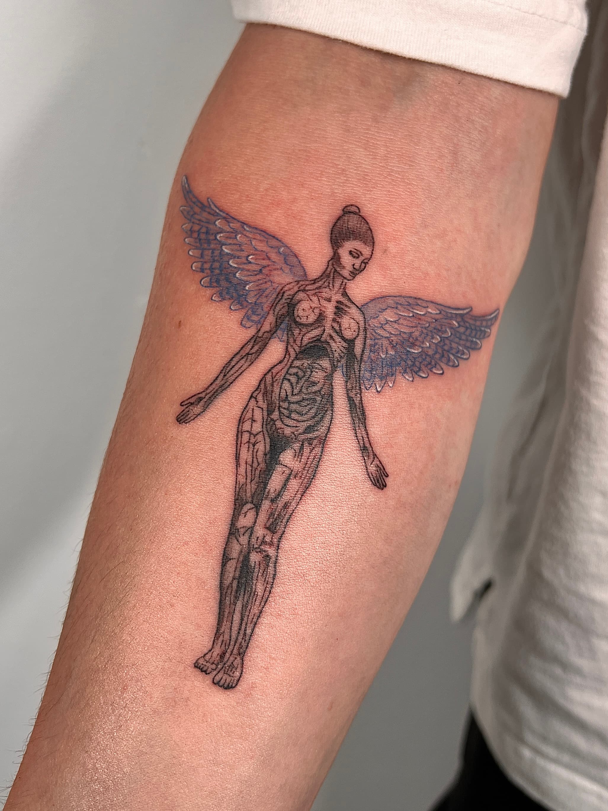 Anatomische engel met blauwe vleugels op bovenarm.