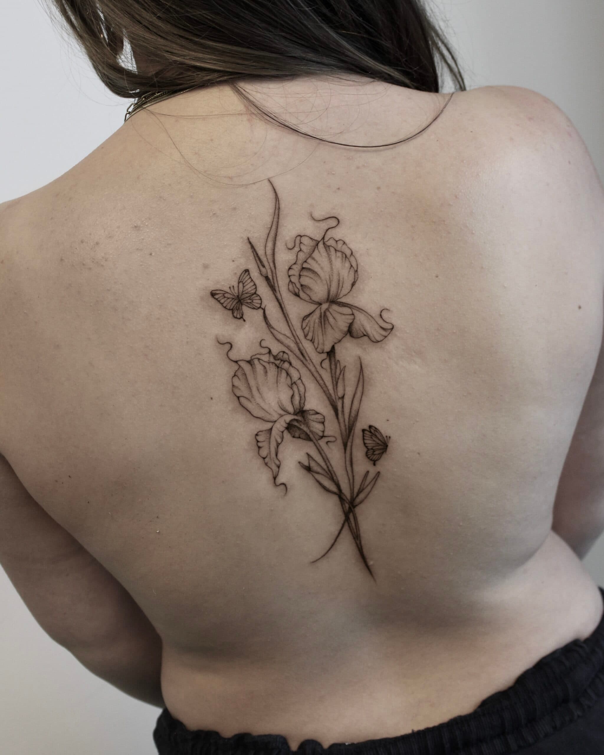 Fineline iris bloemen en vlinders op de rug.