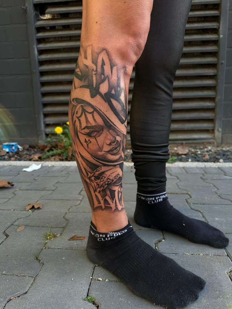 Black and grey tattoo van een vrouwengezicht met graffiti letters op het onderbeen.