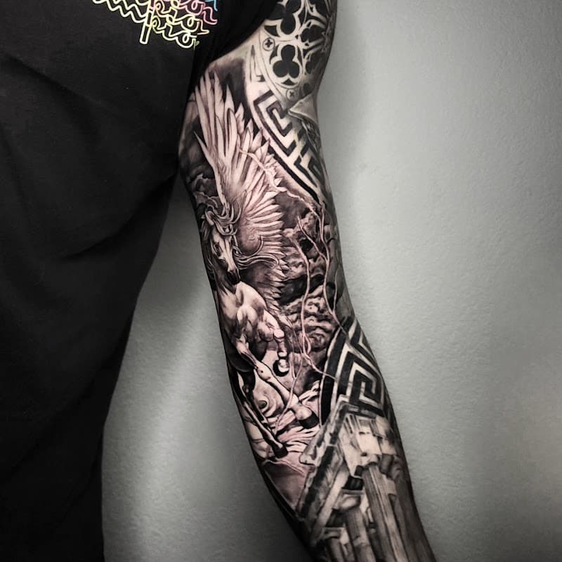 Realistische zwart-wit sleeve met Pegasus en Griekse ruïnes.
