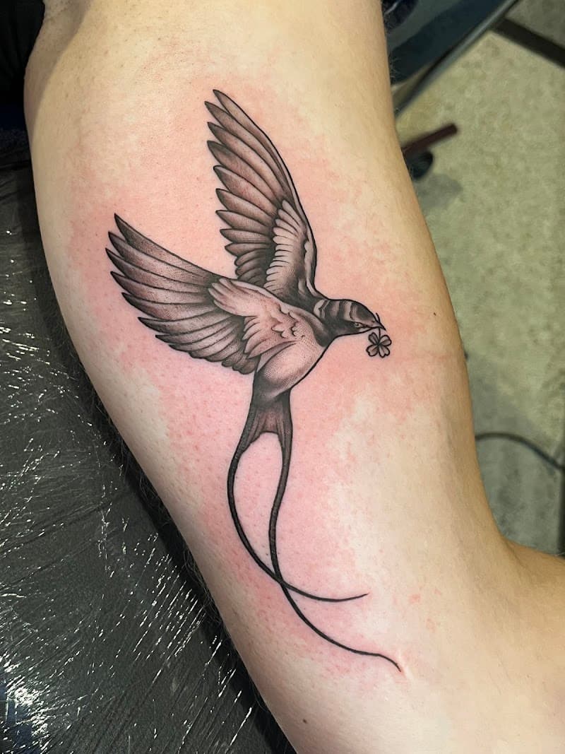 Zwart-wit illustratieve zwaluw met klavertje vier op onderbeen.