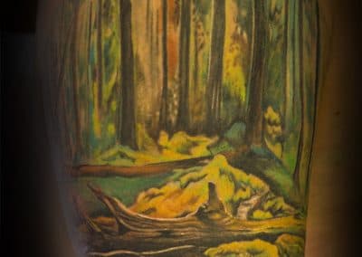 Kleurrijk boslandschap met bomen en omgevallen stam op bovenarm