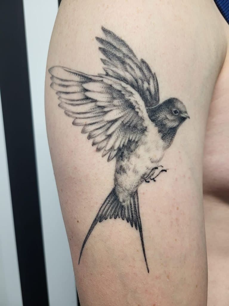 Illustratieve zwart-wit zwaluw tattoo op de bovenarm.