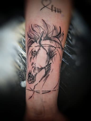 Schetsmatige paardenhoofd tattoo in een kader op de onderarm.
