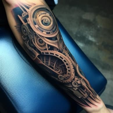 Gedetailleerde biomechanische tattoo op de onderarm.