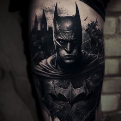 Realistische Batman tattoo in zwart-wit op bovenbeen.