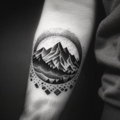 Dotwork tattoo van bergen en bos in een cirkel op de onderarm.