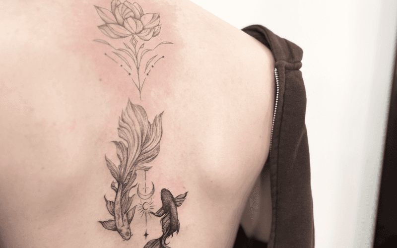 Fineline lotus en koi vissen op de rug.