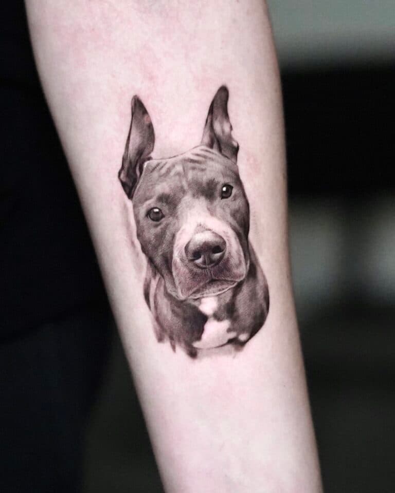 Realistisch portret van een pitbull op de onderarm.