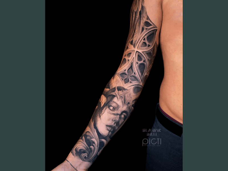 Realistische sleeve met gotische architectuur en een vrouwenportret.