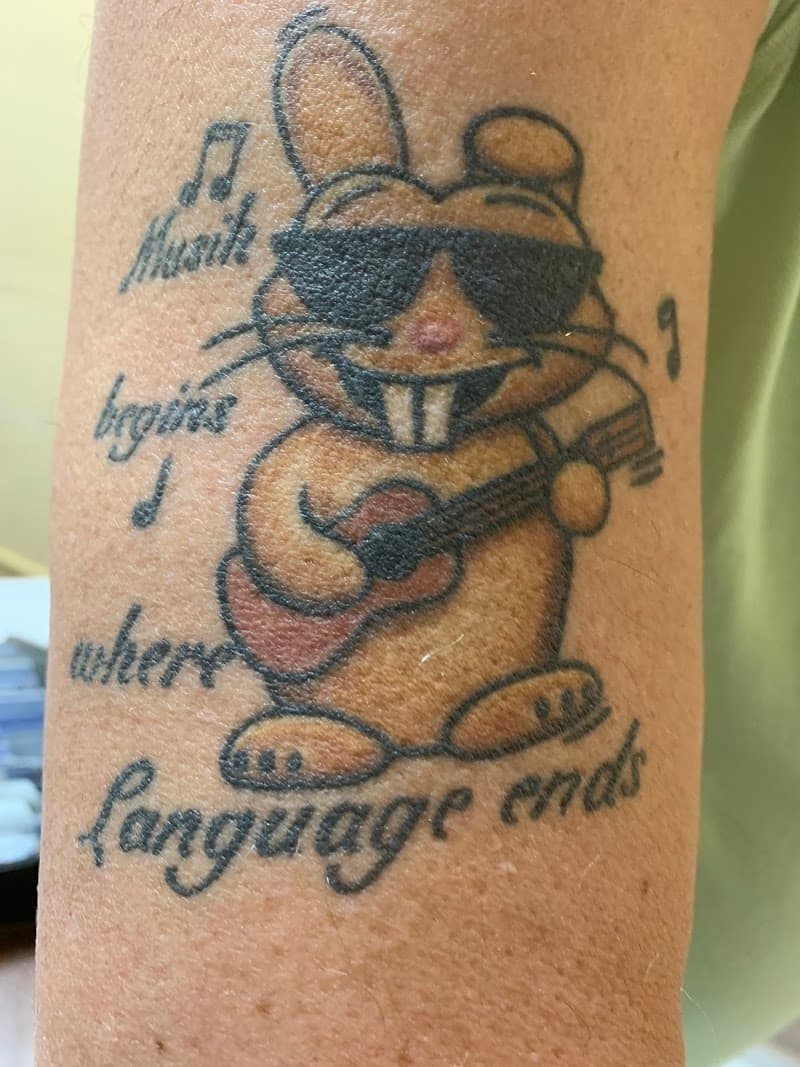 Cartoon konijn met zonnebril en gitaar, en tekst.