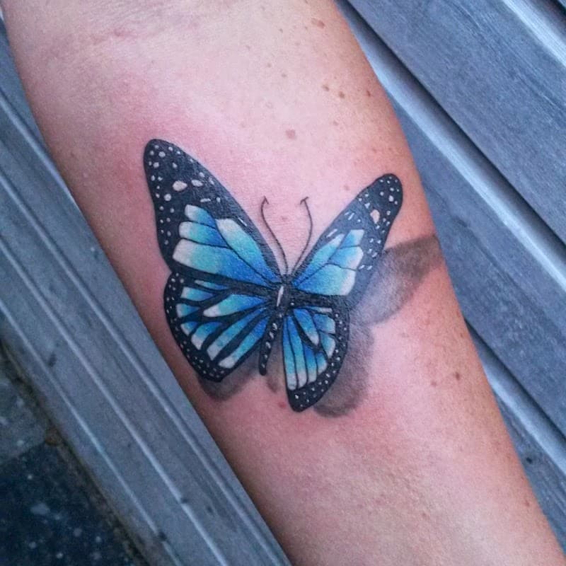 Realistische blauwe vlinder met 3D schaduw op onderarm.