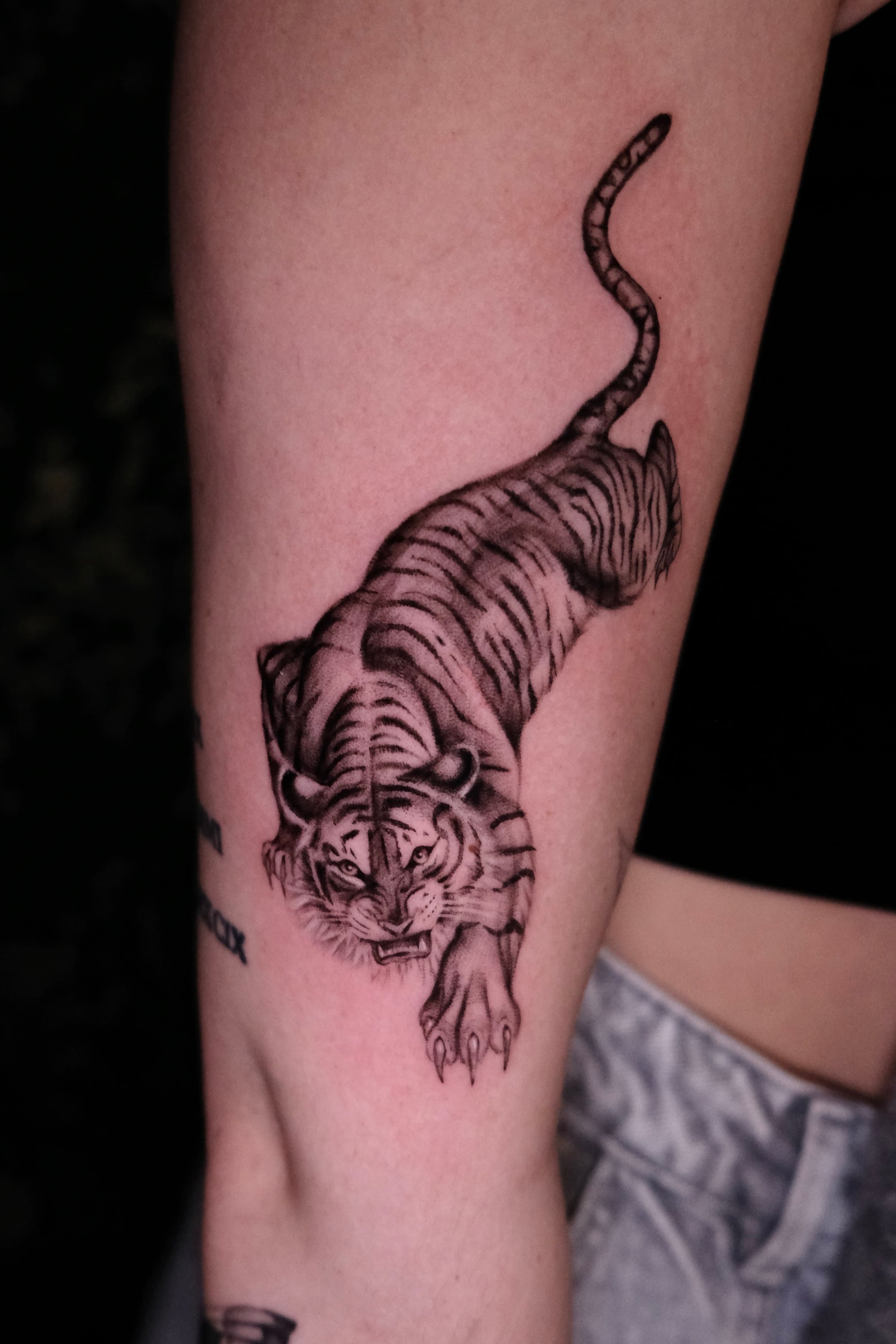 Realistische zwart-wit tijger tattoo op de bovenarm.