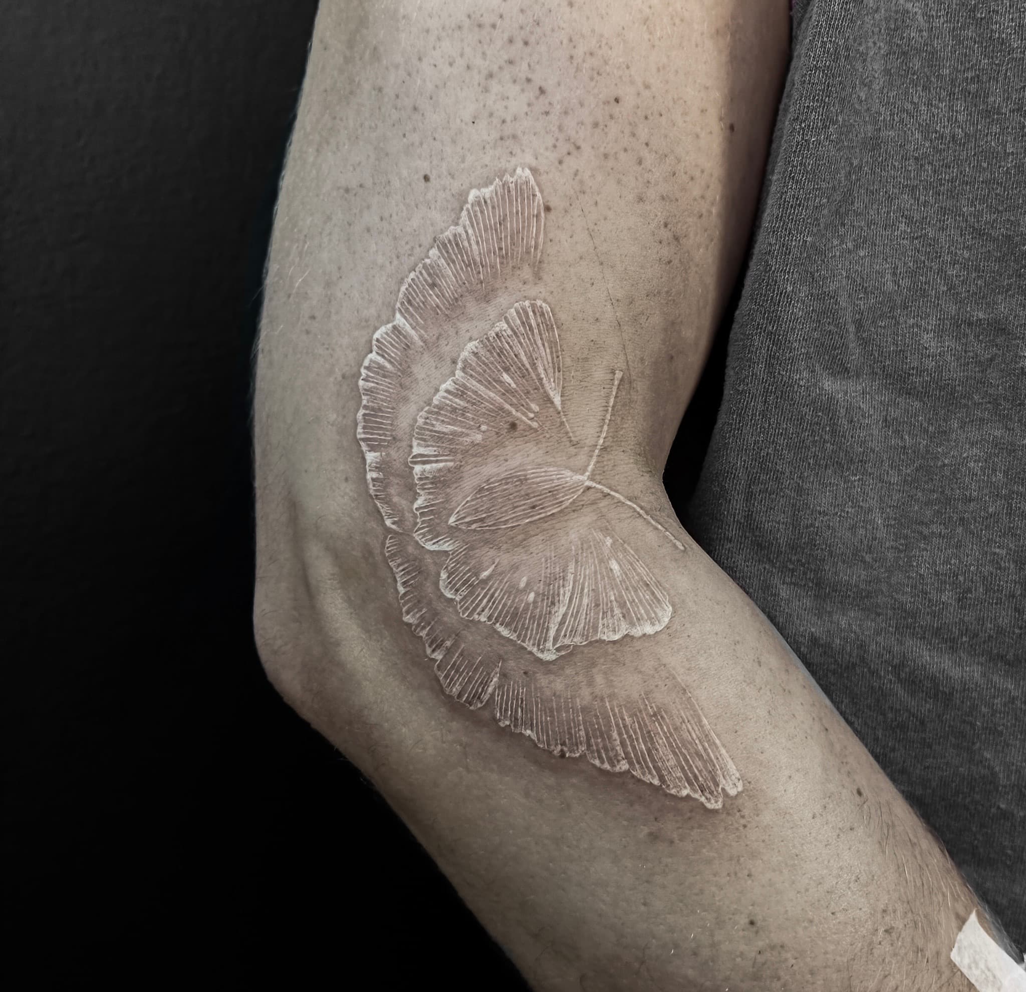 Witte inkt tattoo van ginkgo bladeren op de bovenarm.