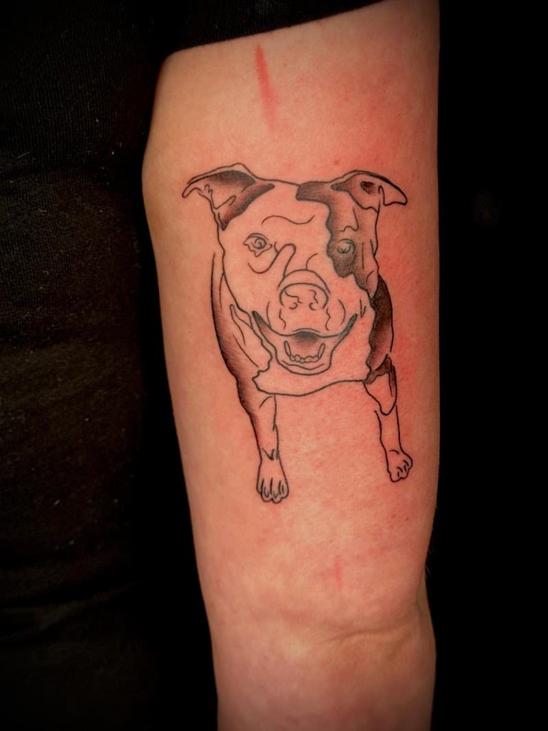 Minimalistische lijntekening van een pitbull op de bovenarm.