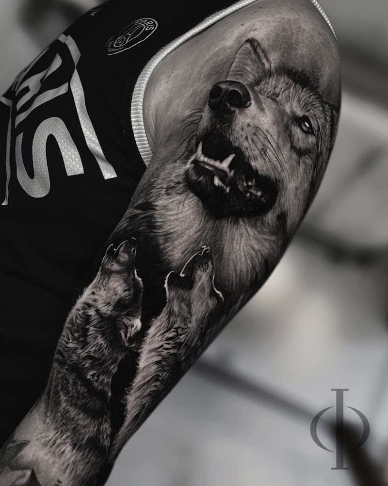Realistische zwart-wit tattoo van een wolvenroedel op de bovenarm.