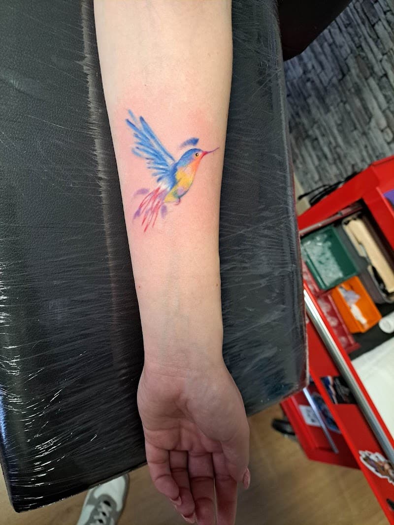Kleurrijke aquarel kolibrie tattoo op de onderarm.