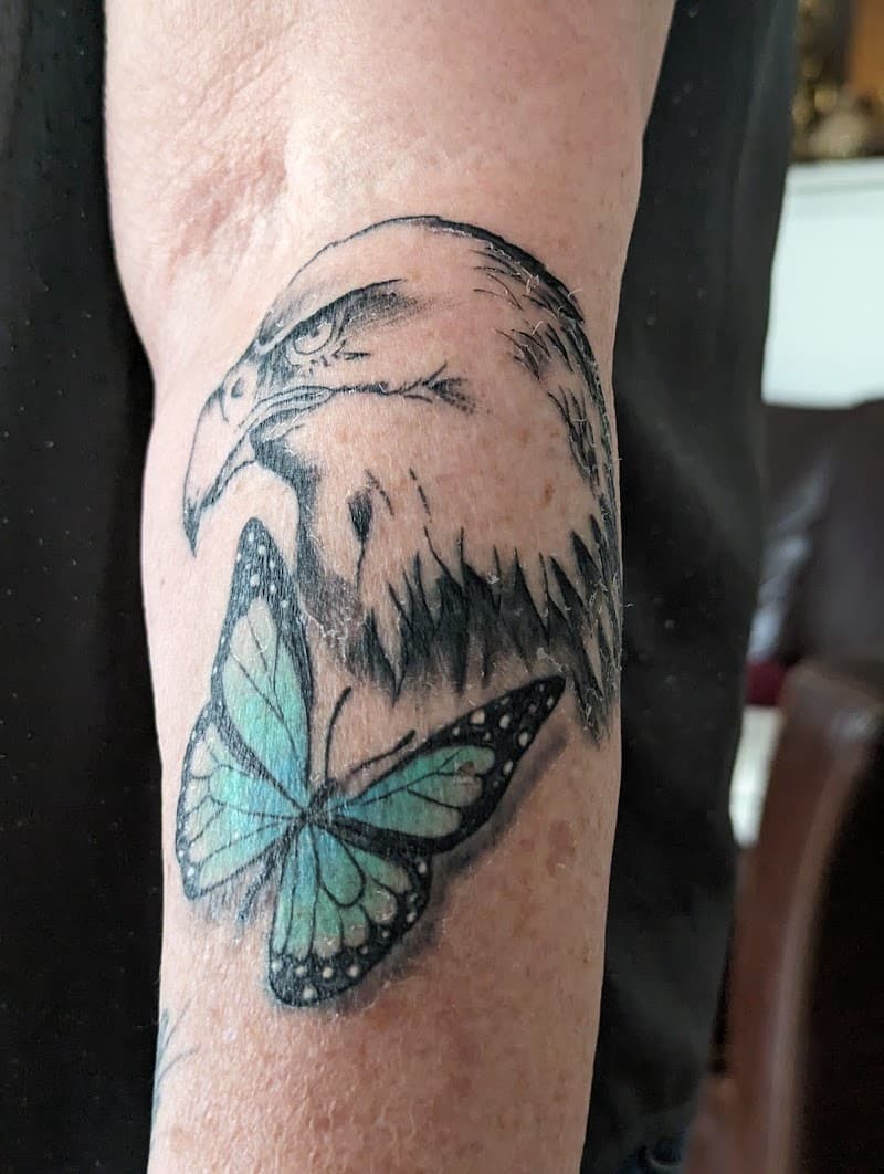 Zwart-grijze adelaarskop met een blauw-groene vlinder eronder op de arm.