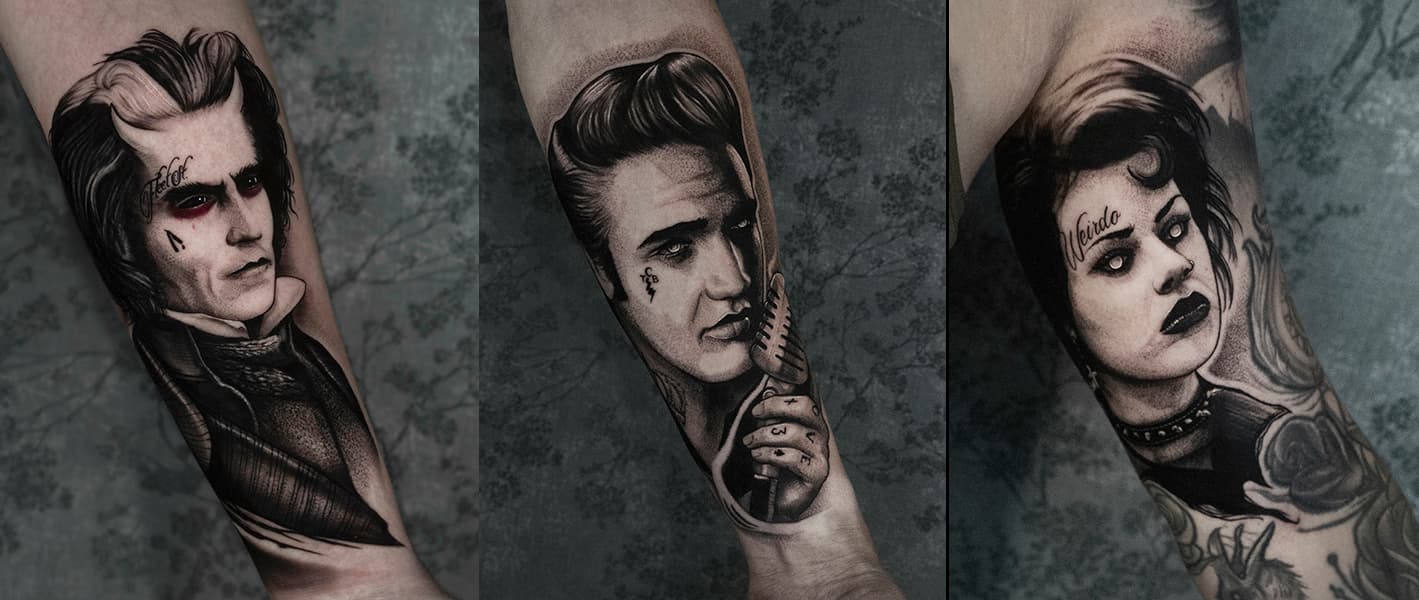 Drieluik van realistische portret tattoos: Sweeney Todd, Elvis, en een vrouw.