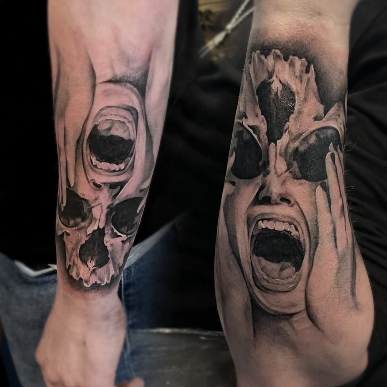 Twee realistische onderarm tattoos van een schreeuwend gezicht en een schedel.