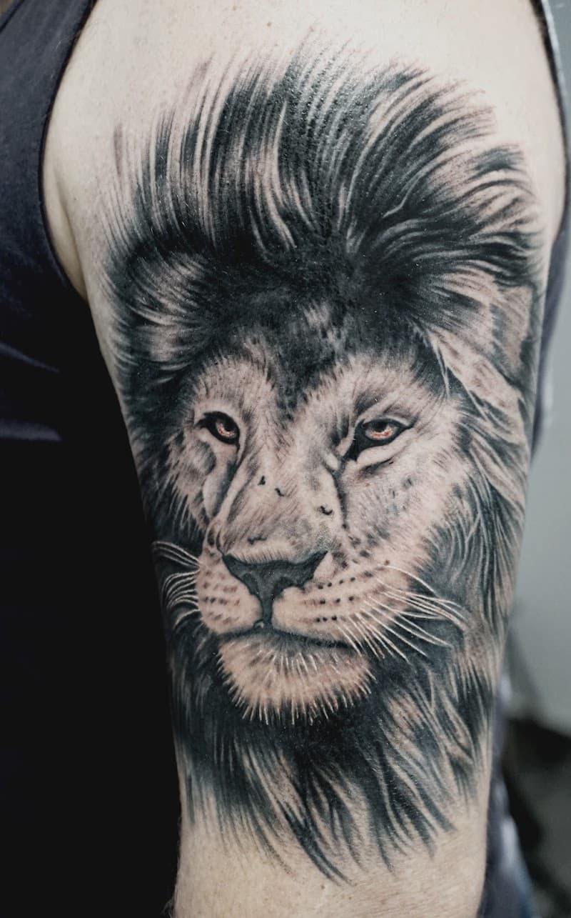 Realistische leeuwenkop tattoo op de bovenarm.