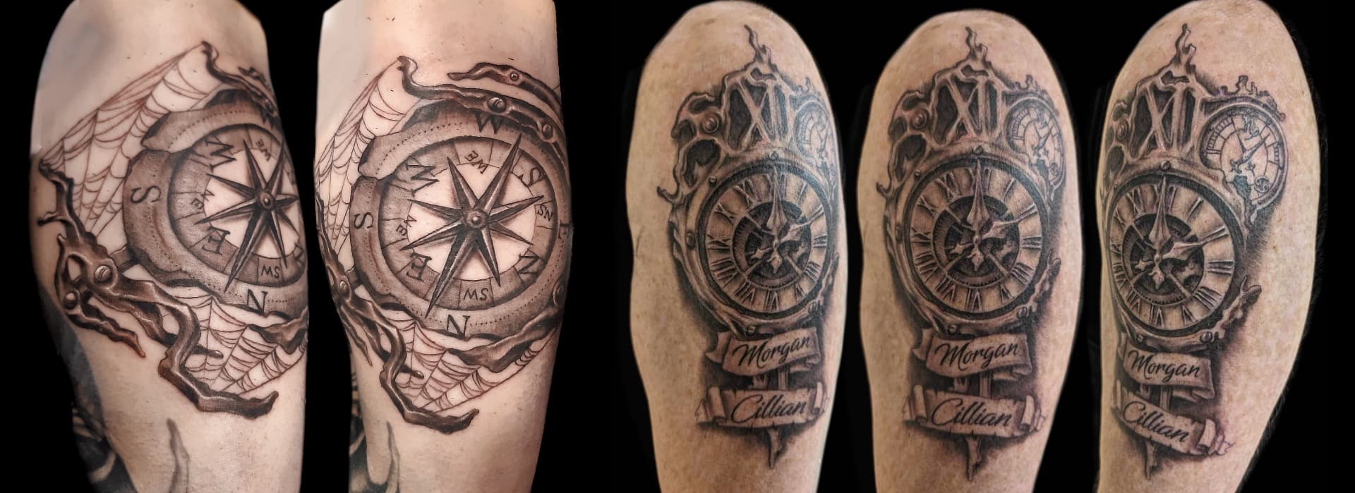 Zwart-wit kompas en klok met namen 'Morgan' en 'Cillian'.