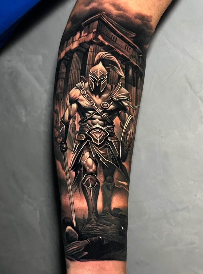 Realistische Spartaanse krijger voor een tempel op het onderbeen.