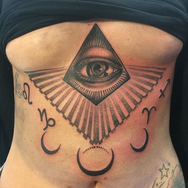 Alziend oog in driehoek met stralen, manen en dierenriemtekens op de buik.