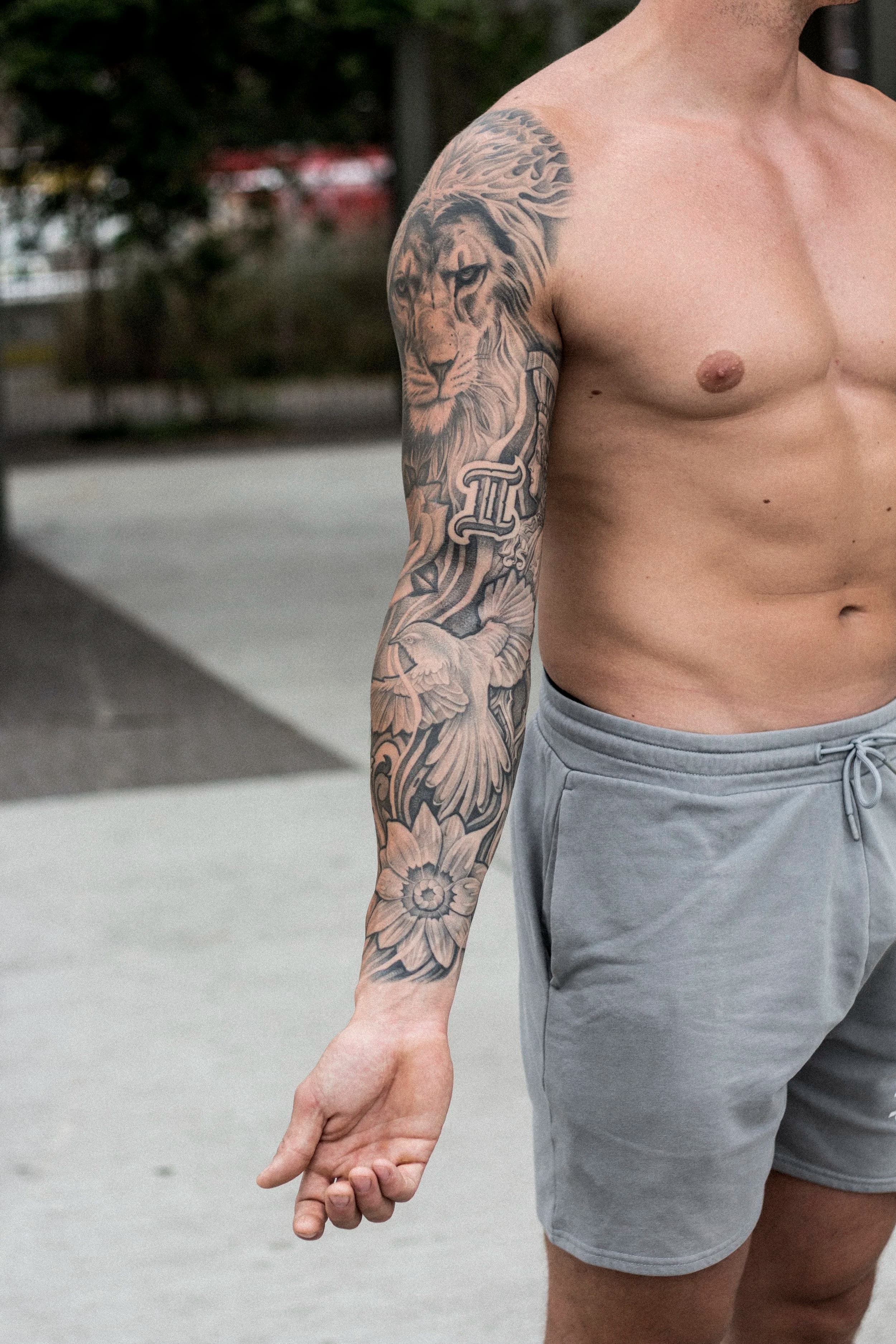 Volledige sleeve tattoo met leeuw, duif, bloem en sterrenbeeld symbool.