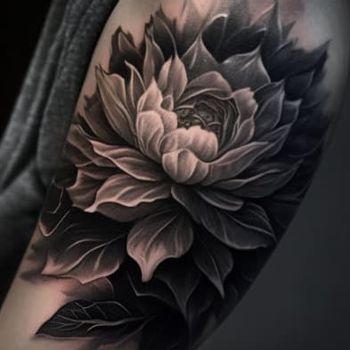Realistische zwart-grijze pioenroos op bovenarm.