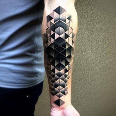 Geometrische 3D kubus tattoo op onderarm met dotwork.