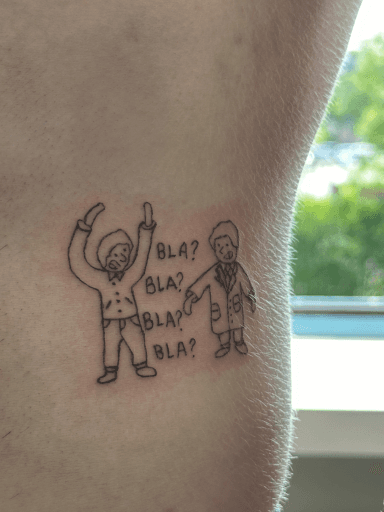 Minimalistische lijntekening van twee figuren en 'BLA? BLA? BLA? BLA?'.